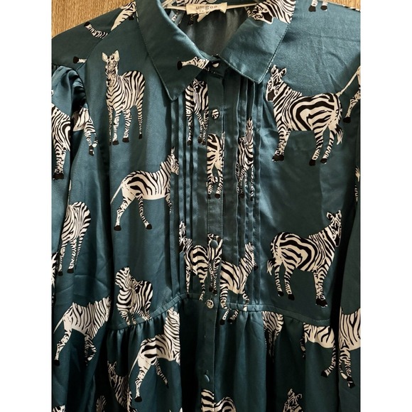 Umgee Boutique Satin Zebra Babydoll Top Dress Turquoise Button Down Flowy Sz L - Picture 5 of 11